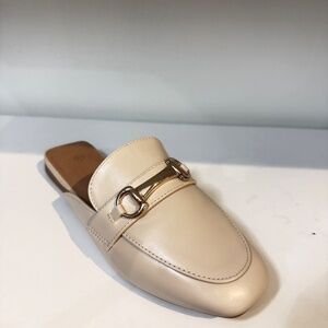 Women's Loafers with Gold Buckle - Beige  PU Leather Mules for Comfortable 3519